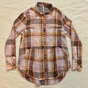 FREE PEOPLE Easy Street Plaid Tunic Flannel Size XS - Brown Orange Pink